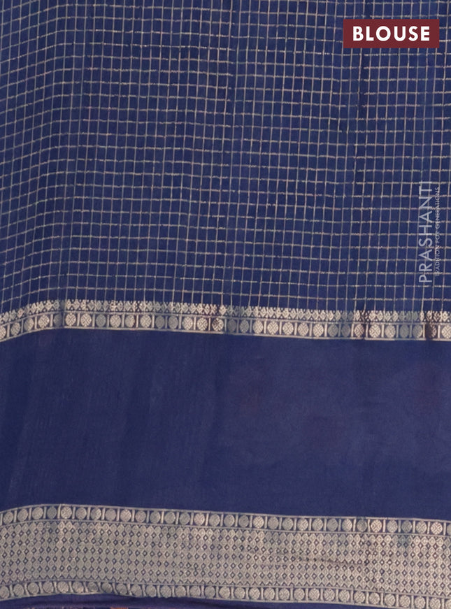Semi chanderi saree blue with allover zari checked pattern and floral embroidery border