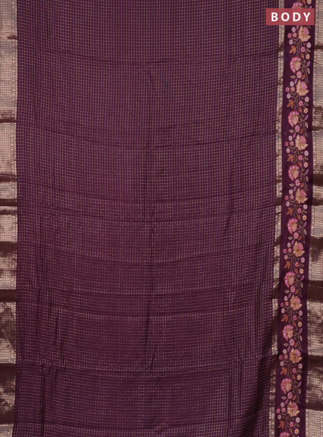 Semi chanderi saree wine shade with allover zari checked pattern and floral embroidery border