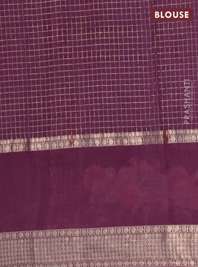 Semi chanderi saree wine shade with allover zari checked pattern and floral embroidery border