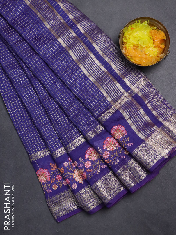 Semi chanderi saree violet with allover zari checked pattern and floral embroidery border