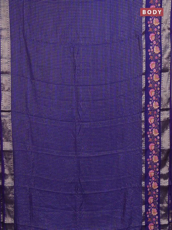 Semi chanderi saree violet with allover zari checked pattern and floral embroidery border