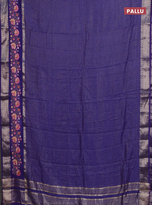 Semi chanderi saree violet with allover zari checked pattern and floral embroidery border