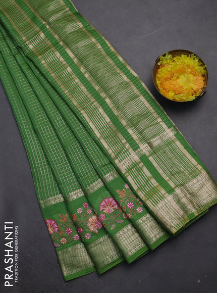 Semi chanderi saree light green with allover zari checked pattern and floral embroidery border