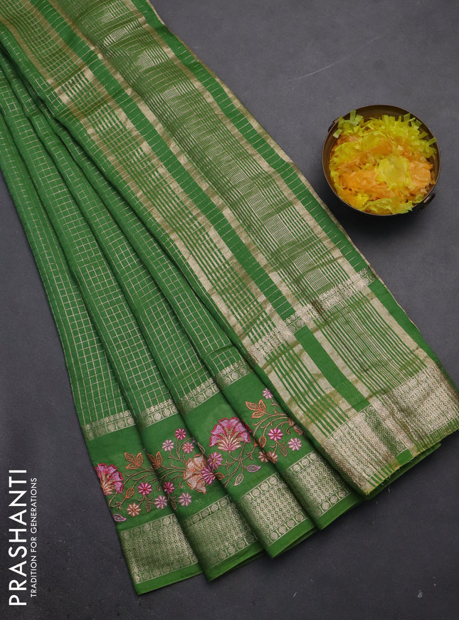 Semi chanderi saree light green with allover zari checked pattern and floral embroidery border
