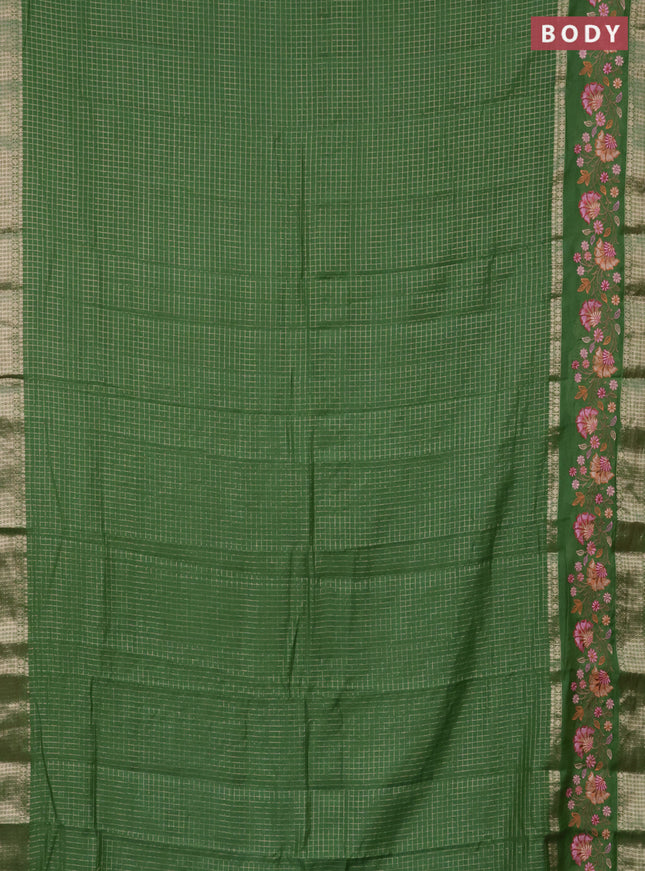 Semi chanderi saree light green with allover zari checked pattern and floral embroidery border