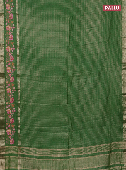 Semi chanderi saree light green with allover zari checked pattern and floral embroidery border
