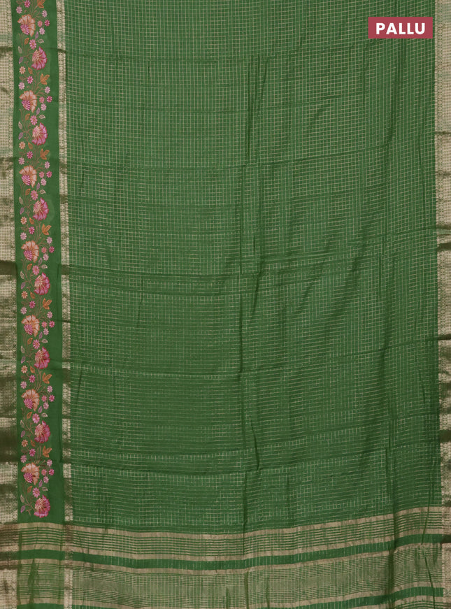 Semi chanderi saree light green with allover zari checked pattern and floral embroidery border