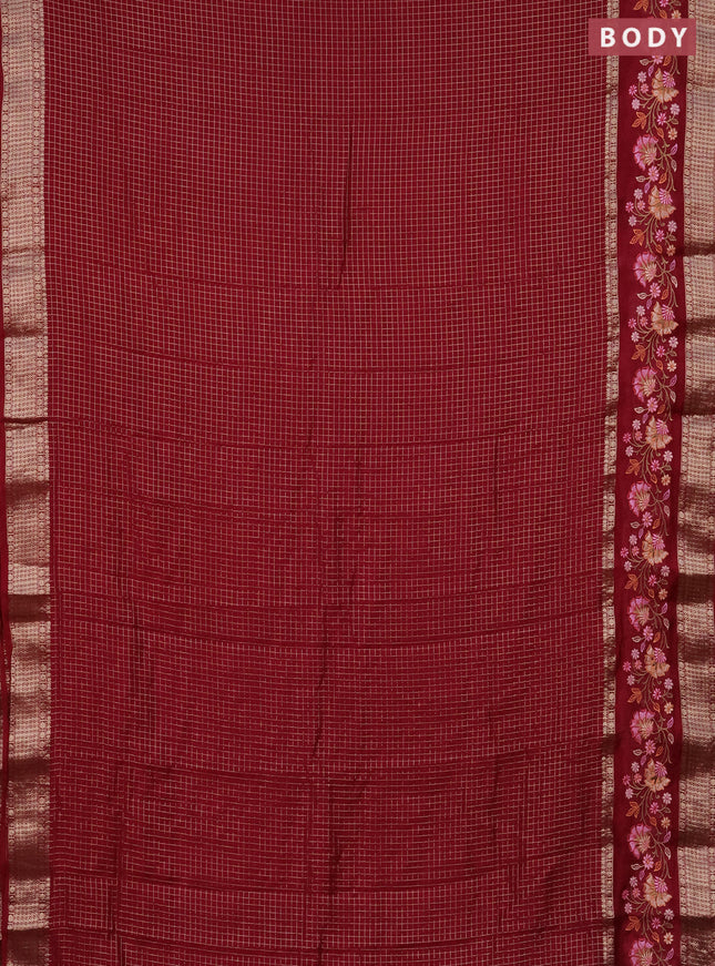 Semi chanderi saree maroon with allover zari checked pattern and floral embroidery border