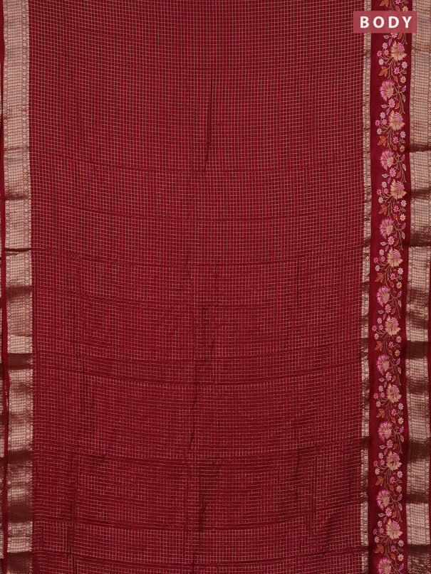Semi chanderi saree maroon with allover zari checked pattern and floral embroidery border