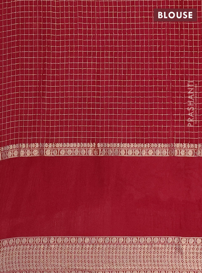 Semi chanderi saree maroon with allover zari checked pattern and floral embroidery border