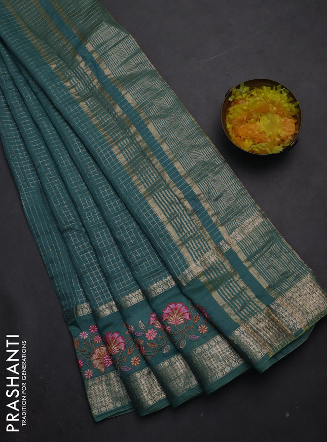Semi chanderi saree teal blue with allover zari checked pattern and floral embroidery border
