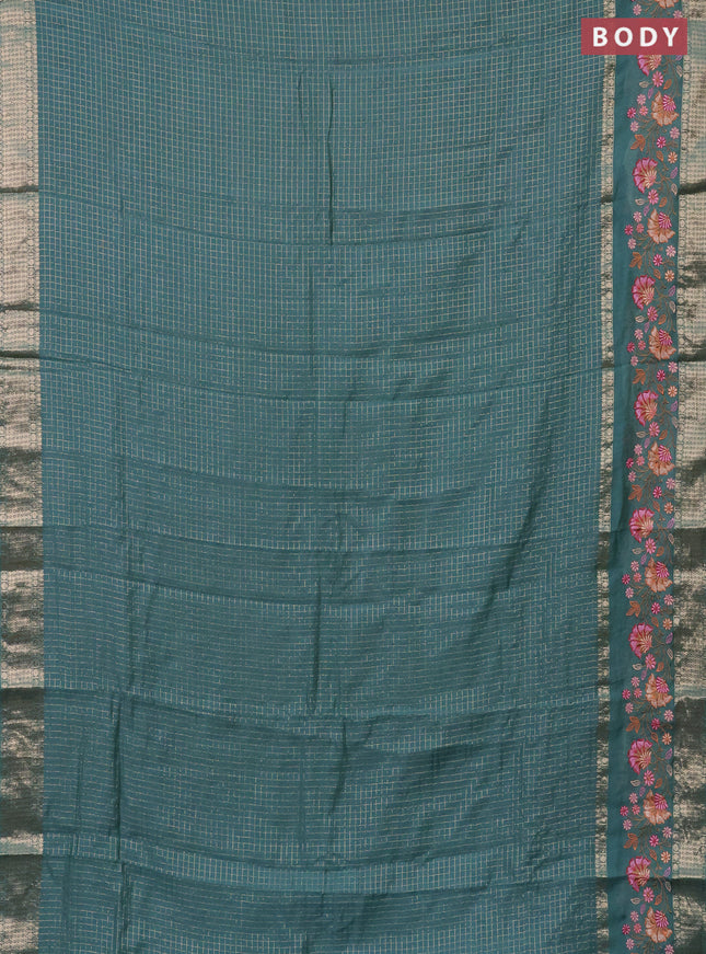Semi chanderi saree teal blue with allover zari checked pattern and floral embroidery border