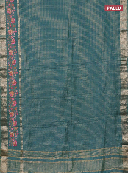 Semi chanderi saree teal blue with allover zari checked pattern and floral embroidery border