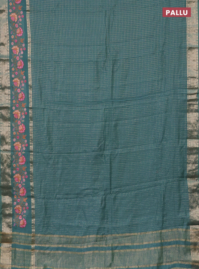 Semi chanderi saree teal blue with allover zari checked pattern and floral embroidery border