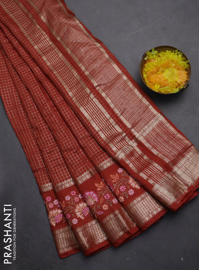 Semi chanderi saree rust shade with allover zari checked pattern and floral embroidery border