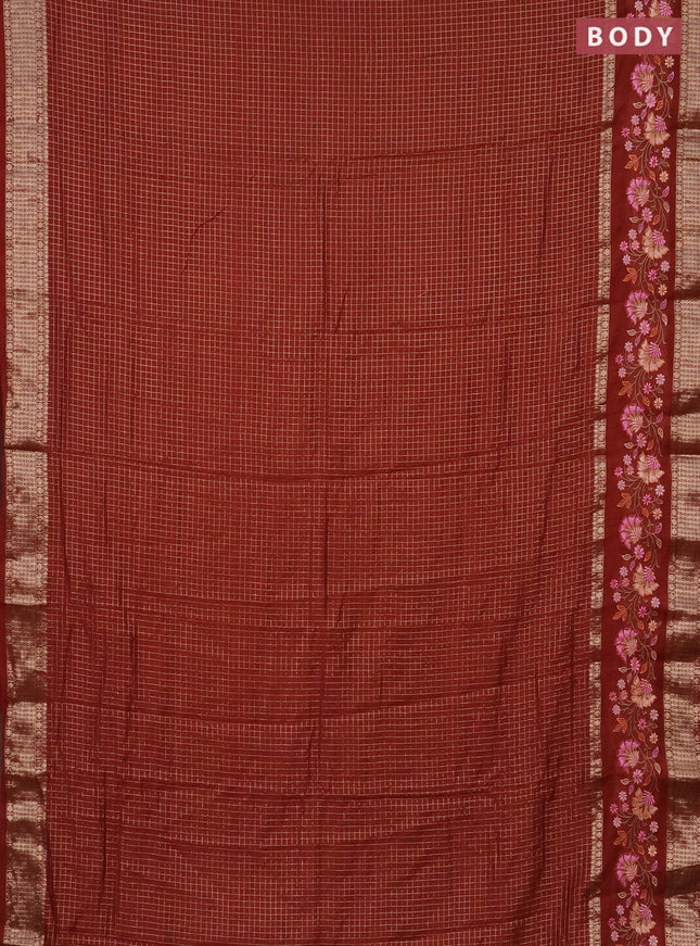 Semi chanderi saree rust shade with allover zari checked pattern and floral embroidery border