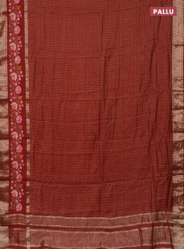 Semi chanderi saree rust shade with allover zari checked pattern and floral embroidery border
