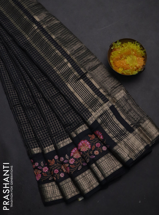 Semi chanderi saree black with allover zari checked pattern and floral embroidery border