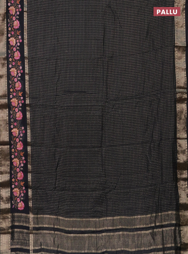 Semi chanderi saree black with allover zari checked pattern and floral embroidery border