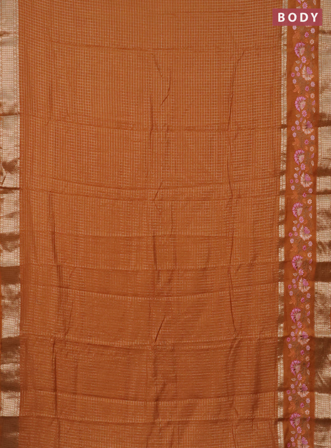 Semi chanderi saree orange with allover zari checked pattern and floral embroidery border