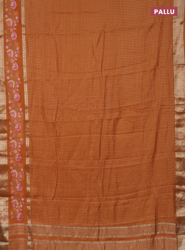 Semi chanderi saree orange with allover zari checked pattern and floral embroidery border
