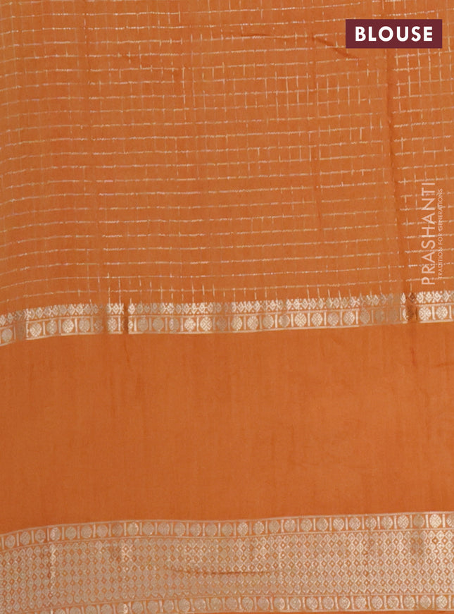 Semi chanderi saree orange with allover zari checked pattern and floral embroidery border