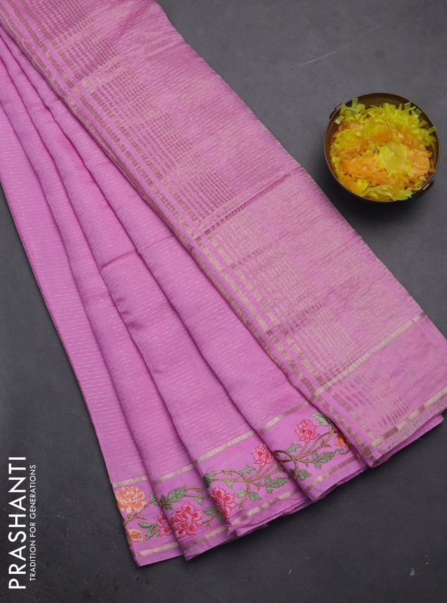 Semi chanderi saree light pink with allover zari weaves and floral embroidery border