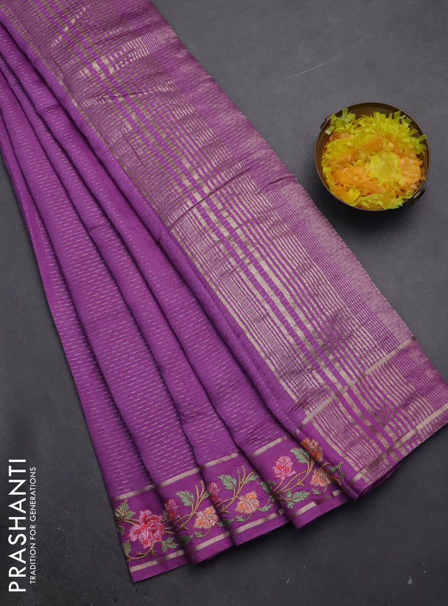 Semi chanderi saree lavender with allover zari weaves and floral embroidery border