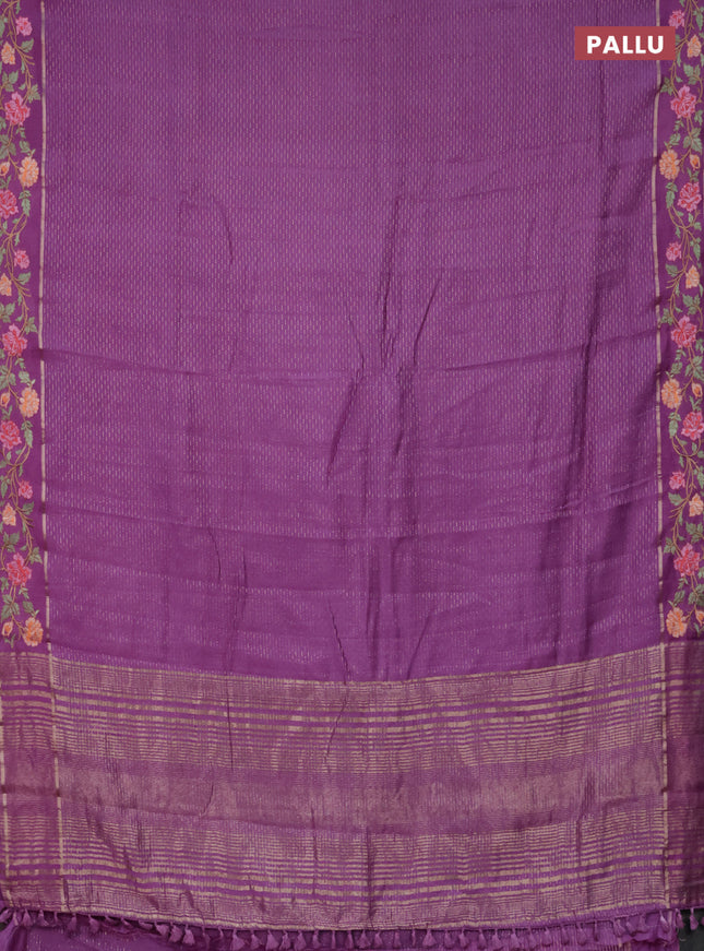 Semi chanderi saree lavender with allover zari weaves and floral embroidery border