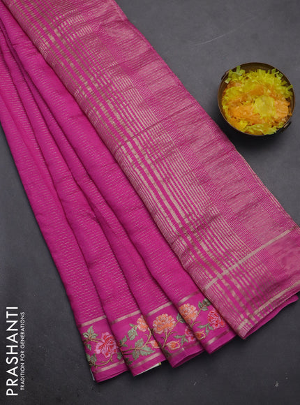 Semi chanderi saree pink with allover zari weaves and floral embroidery border