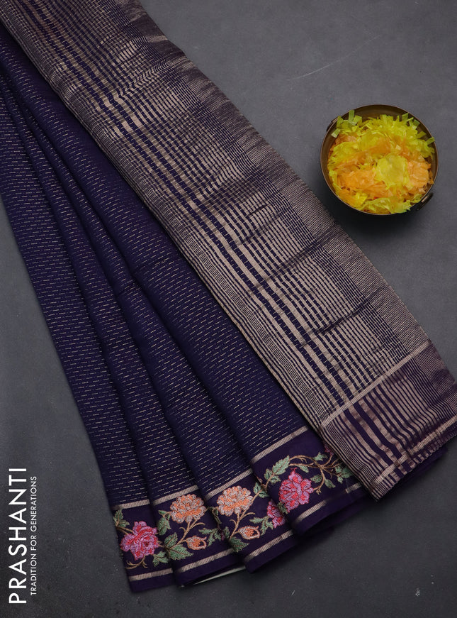 Semi chanderi saree dark blue with allover zari weaves and floral embroidery border
