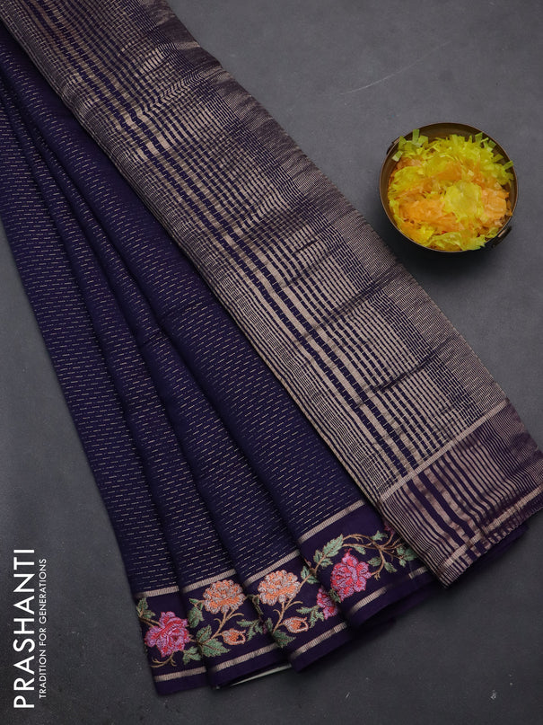 Semi chanderi saree dark blue with allover zari weaves and floral embroidery border
