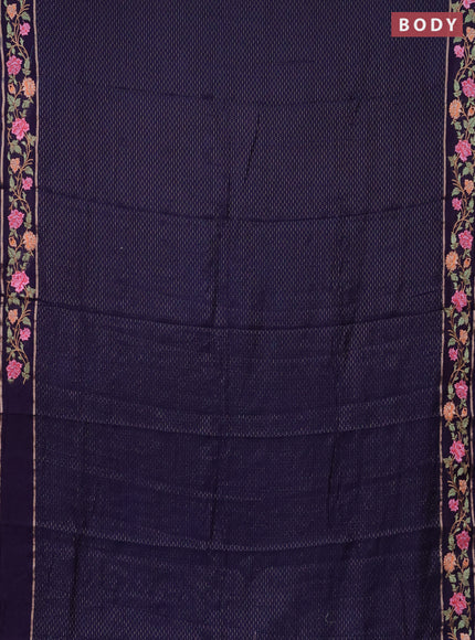 Semi chanderi saree dark blue with allover zari weaves and floral embroidery border