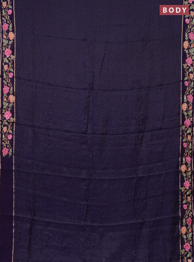 Semi chanderi saree dark blue with allover zari weaves and floral embroidery border