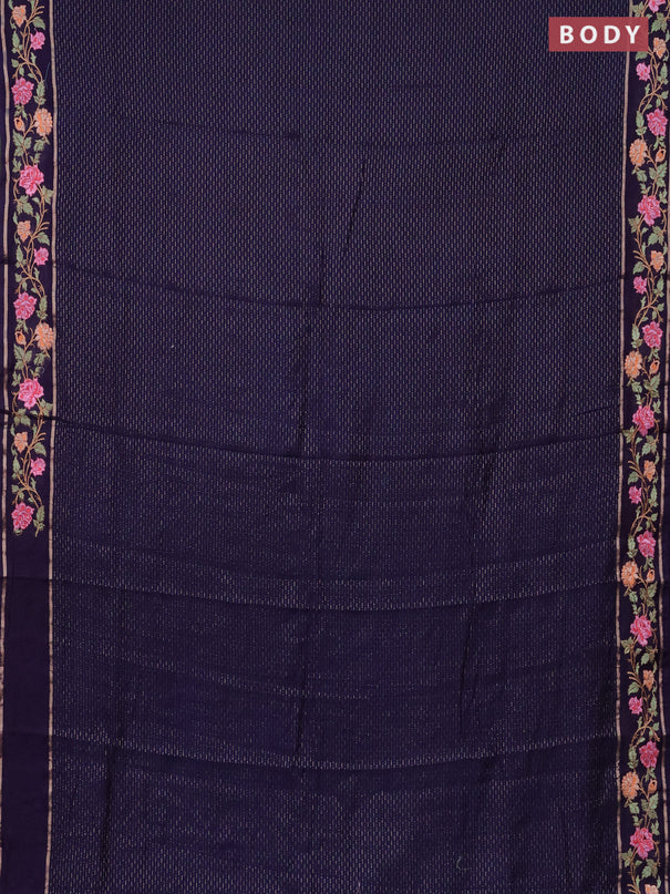 Semi chanderi saree dark blue with allover zari weaves and floral embroidery border