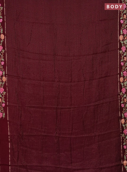 Semi chanderi saree wine shade with allover zari weaves and floral embroidery border