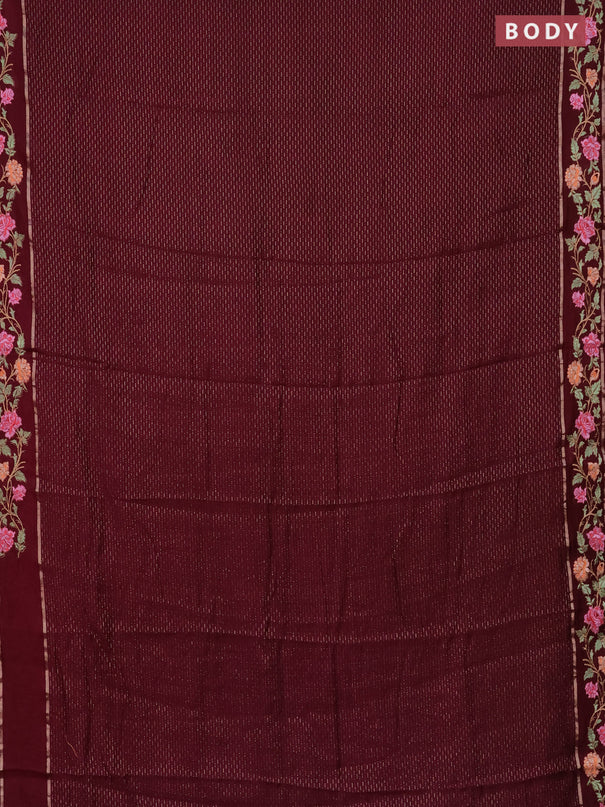 Semi chanderi saree wine shade with allover zari weaves and floral embroidery border