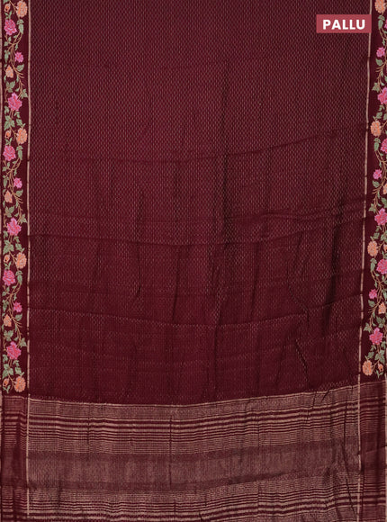 Semi chanderi saree wine shade with allover zari weaves and floral embroidery border