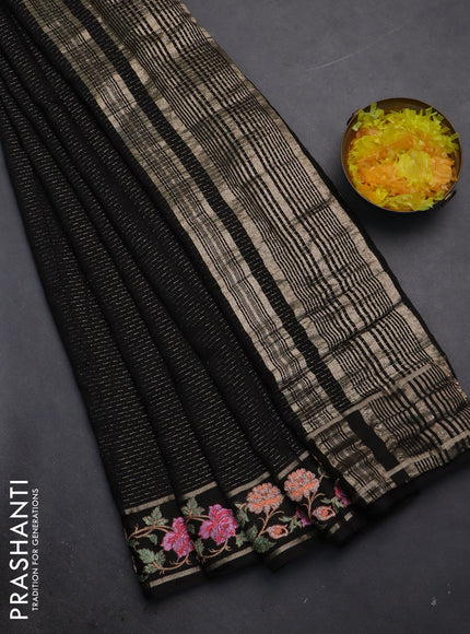 Semi chanderi saree black with allover zari weaves and floral embroidery border