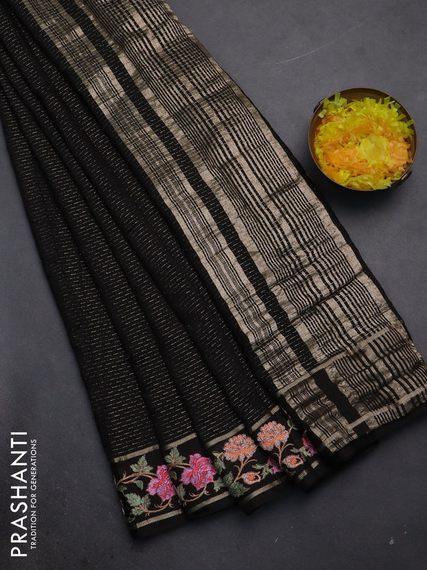 Semi chanderi saree black with allover zari weaves and floral embroidery border