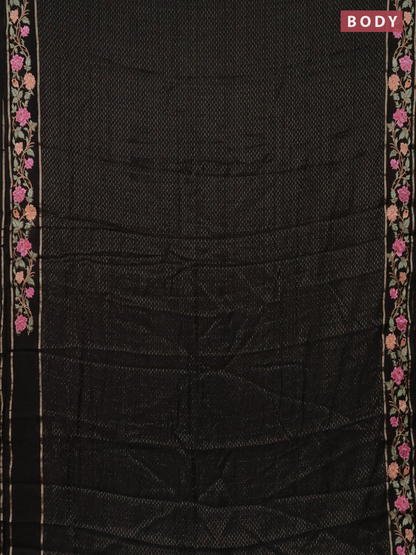Semi chanderi saree black with allover zari weaves and floral embroidery border