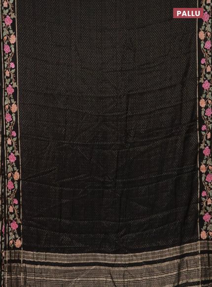 Semi chanderi saree black with allover zari weaves and floral embroidery border