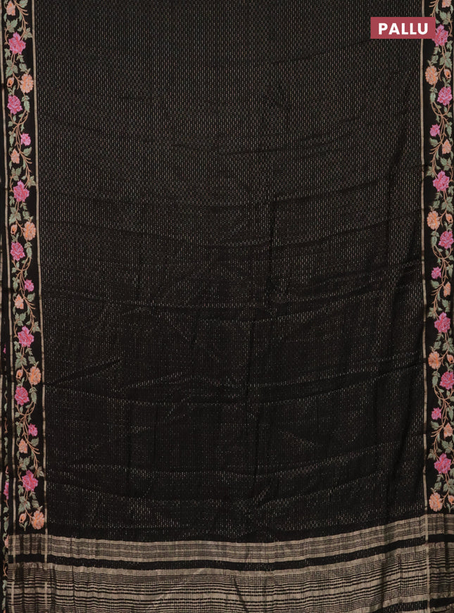 Semi chanderi saree black with allover zari weaves and floral embroidery border