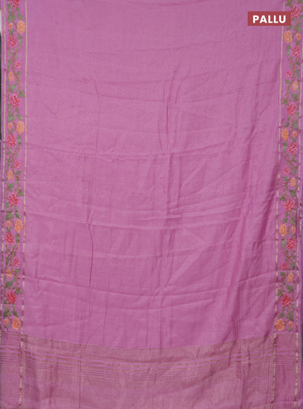 Semi chanderi saree light pink with allover zari weaves and floral embroidery border