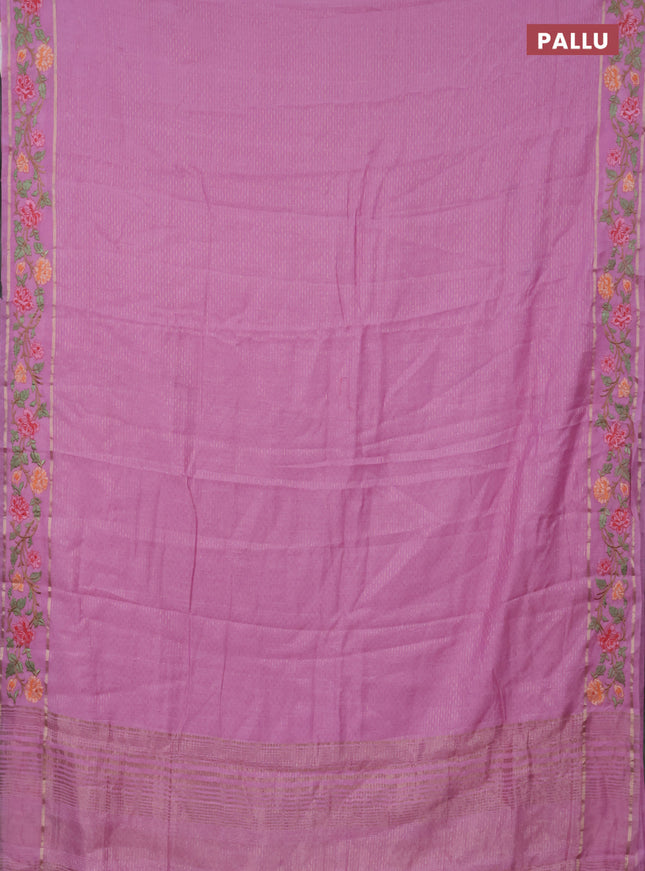 Semi chanderi saree light pink with allover zari weaves and floral embroidery border