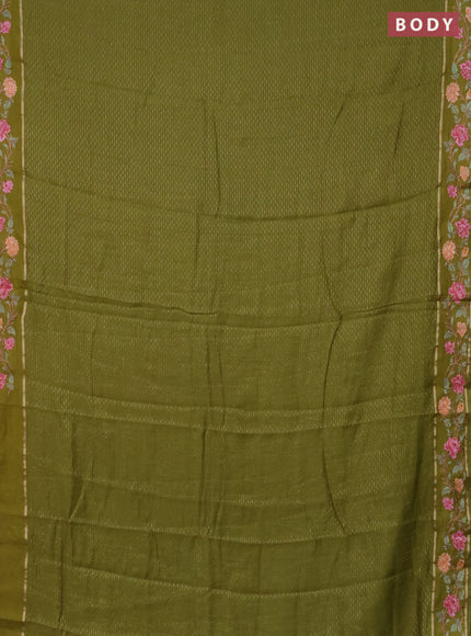 Semi chanderi saree mehendi green with allover zari weaves and floral embroidery border
