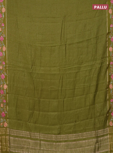 Semi chanderi saree mehendi green with allover zari weaves and floral embroidery border