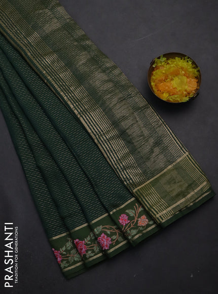 Semi chanderi saree green with allover zari weaves and floral embroidery border