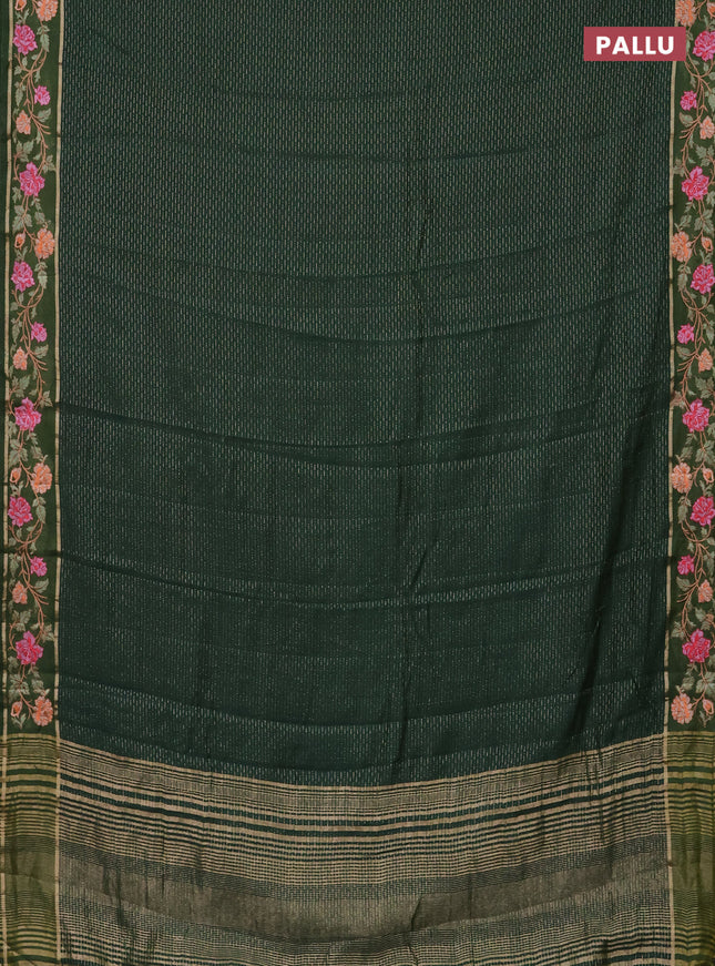 Semi chanderi saree green with allover zari weaves and floral embroidery border