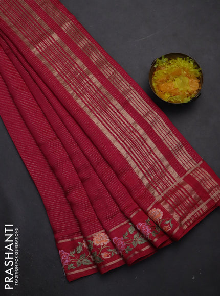 Semi chanderi saree pink with allover zari weaves and floral embroidery border